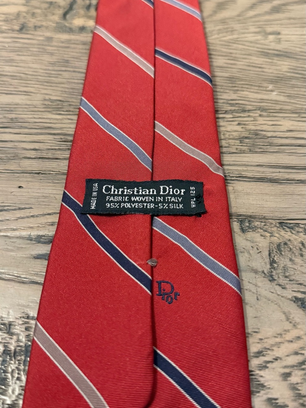Dior Red Tie with Navy and Silver Diagonal Stripes